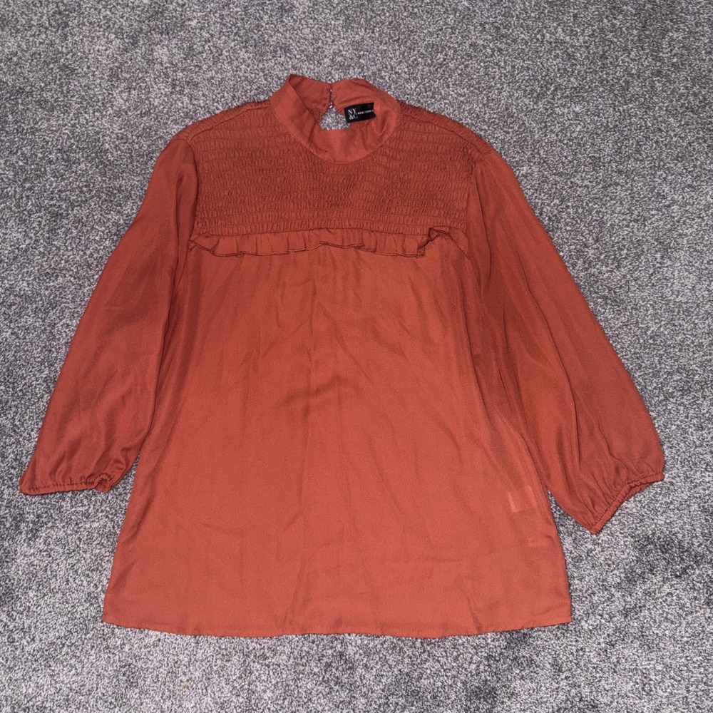 New York & Company Women's Rust Long Sleeve Blouse Smocked, Ruffle Trim - M